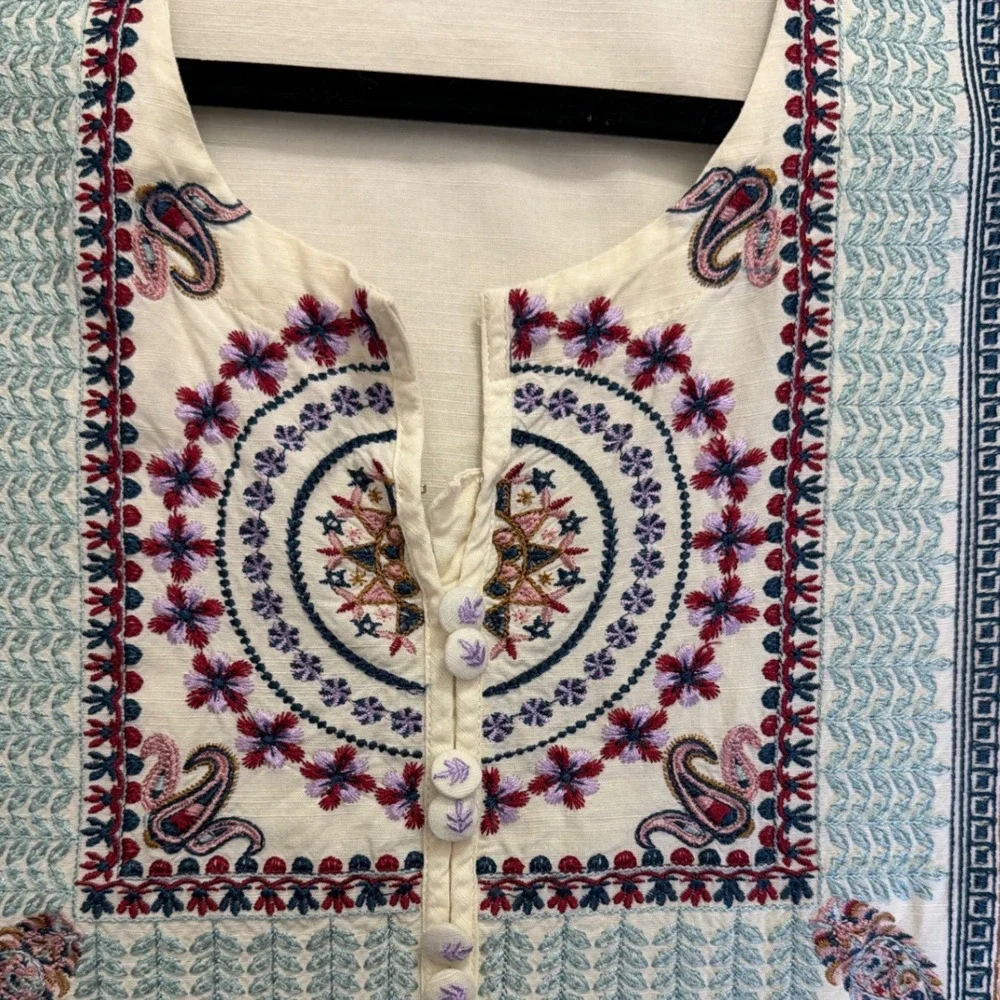 Khaadi Women Embroidered Kurta Tunic Off-White Viscose Cotton Sz 14 Long Sleeve
